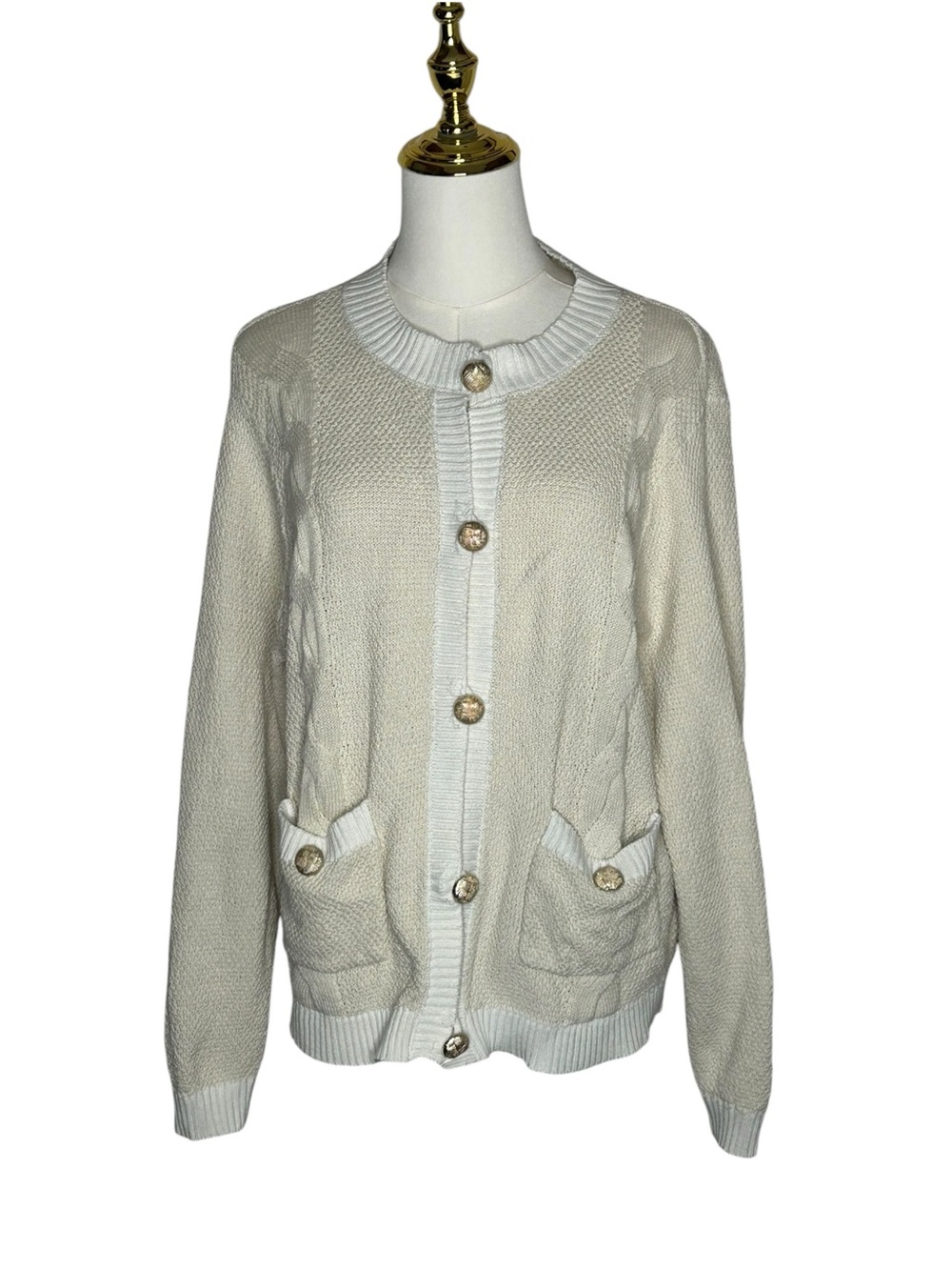New York & Company Lite Academia Cream Knit Button Cardigan Old Money Sz 2X EUC